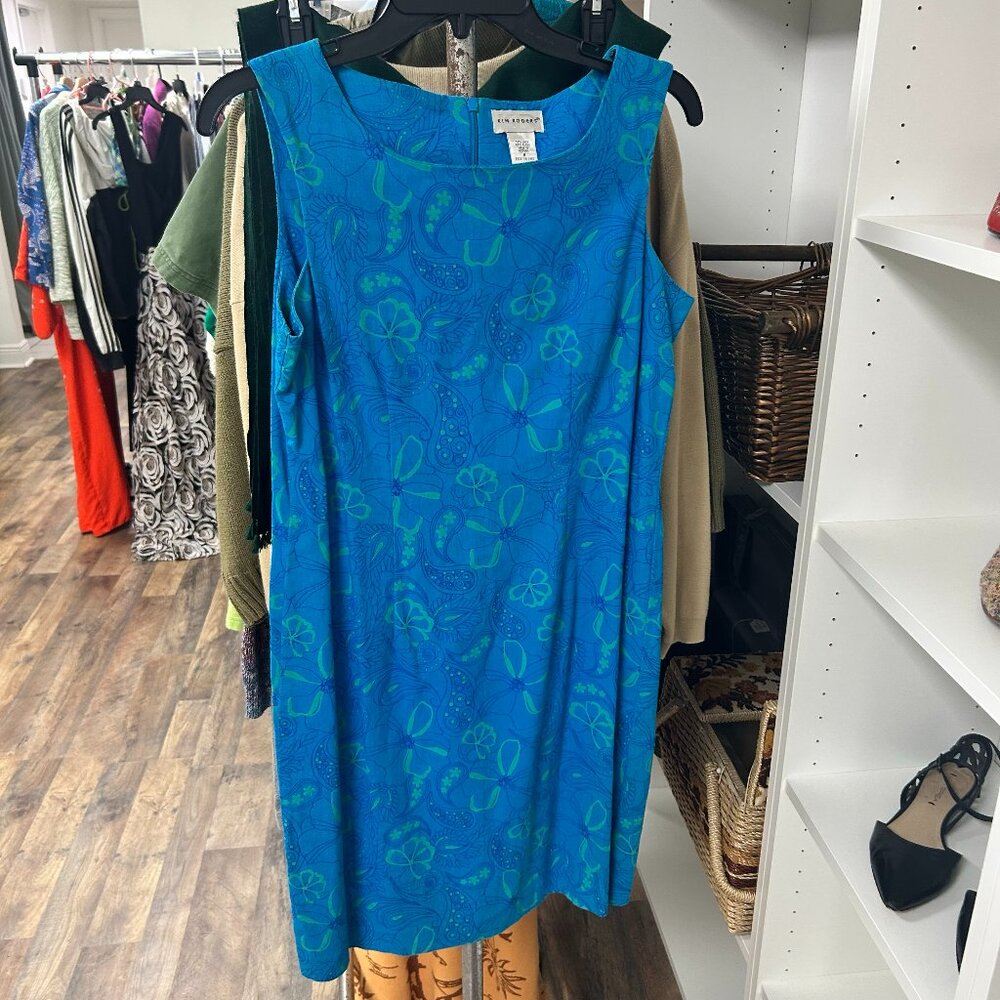 Vintage Blue Floral Kim Rogers Short Sleeve Dress, Size 8